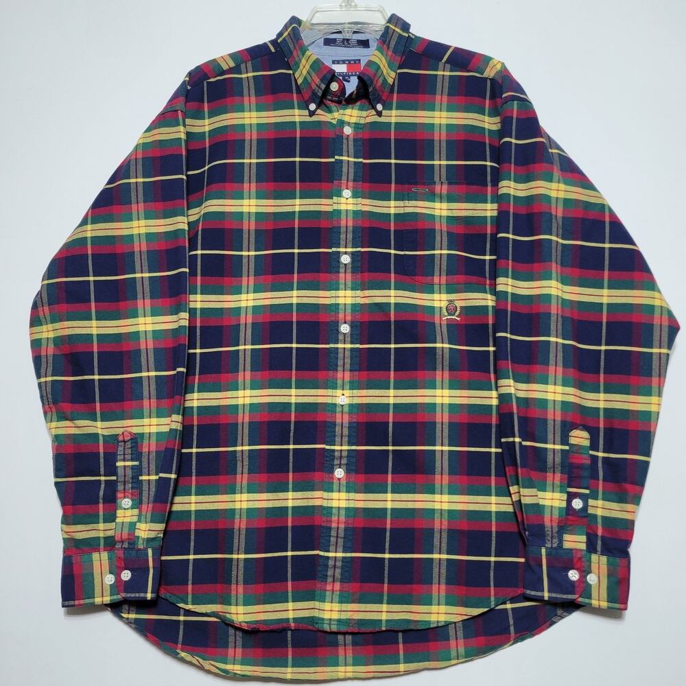 Vintage Tommy Hilfiger Mens Shirt Adult XL Button Down Multicolor Navy Yellow